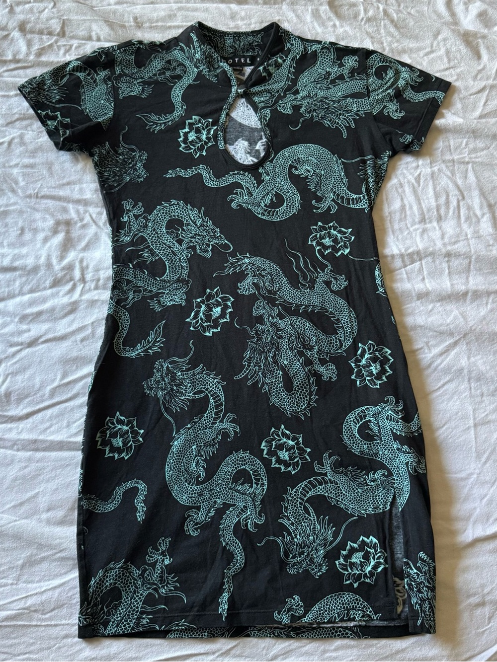 Motel Rocks Black Dress with Teal Dragon Print